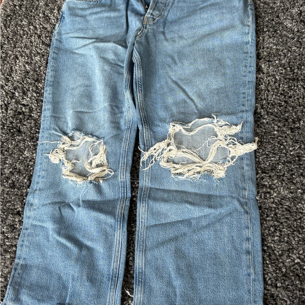 We The Free Blue Straight Leg Jeans with Distressed Knees